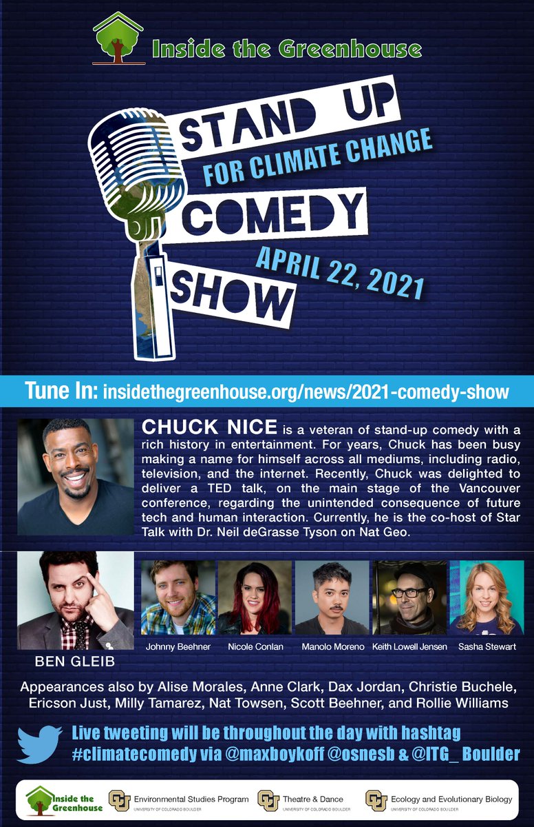 tell everyone. Stand Up 4 Climate Comedy 2021 = dropping April 22, 10amMDT➡️ insidethegreenhouse.org/node/5078 with @chucknicecomic @bengleib @johnnycomic @NicoleConlan @RollieWilliams @keithlowell @ArtfulStew @AliseNavidad @annevclark @daxjordan @cabuchsy @justericson @MillyTamarez & more