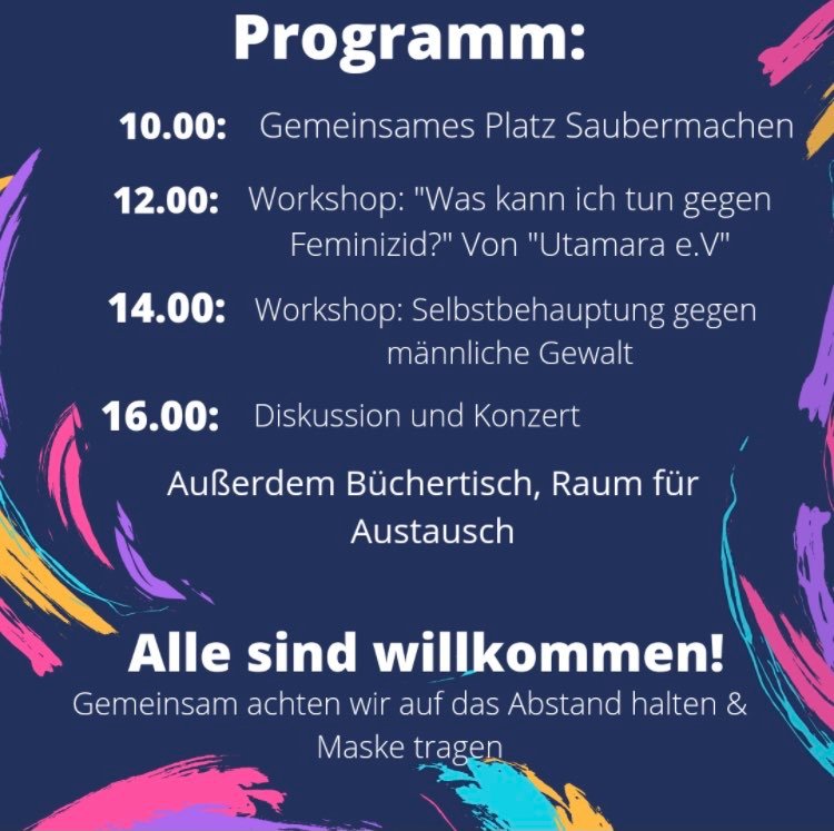 Kommt am Samstag b1704 zum #AktionstaggegenFeminizide am #Widerstandsplatz (S+U Wedding)! Es wird ein spannendes Programm mit Workshops, Musik und Raum zum Austausch geben. Wir freuen uns auf euch.

#Wirwollenunslebend