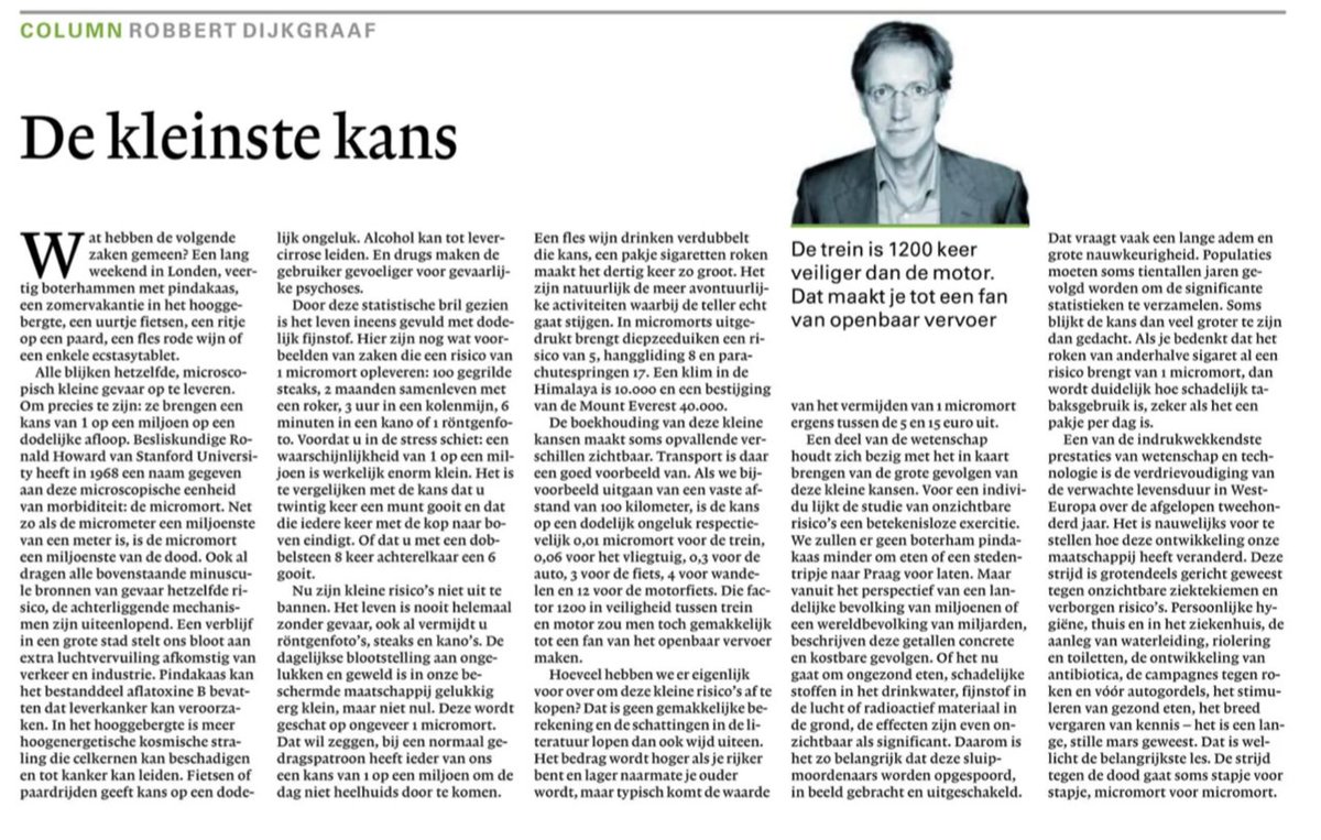 RHDijkgraaf's tweet image. Nu iedereen zich buigt over een kans van 1 op een miljoen op overlijden, mijn NRC-column uit 2012. 100 gegrilde steaks, 40 boterhammen met pindakaas, 6 minuten kanoën, 1 fles rode wijn of 20 keer een munt gooien met kop boven. 

Iedere dode is er een te veel, dus doe voorzichtig!