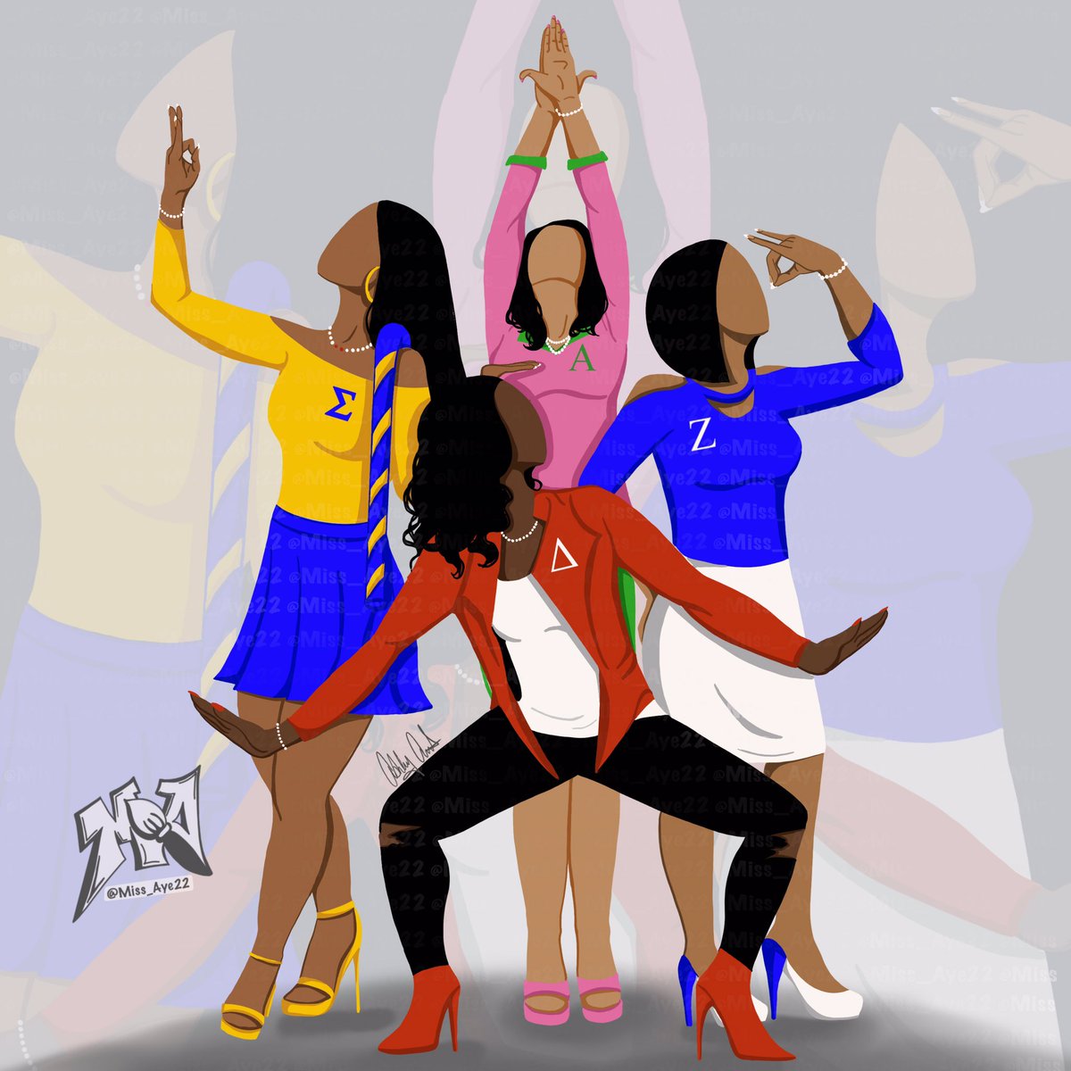 Miss_Aye22's tweet photo. TAG Your Fav #D9Sororities #AlphaKappaAlpha 🐸 #DeltaSigmaTheta 🐘 #ZetaPhiBeta 🐱 #SigmaGammaRho 🐩 #AKA #1908 #DST #1913 #Zeta #1920 #SGRho #1922 #GreekArt #GreekSisters 💗💚❤🤍💙🤍💛💙#iArtByAsh https://t.co/effVjRnKBk
