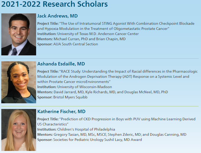 CarolynBestPhD's tweet photo. DELIGHTED to join in sharing the news about the 2021  @AmerUrological @UrologyCareFdn Research Scholars. Please join us congratulating them! Many thanks to our peer reviewers and, to all applicants, please continue to connect with us for any way we can support your research! https://t.co/eSRVuqrcpG