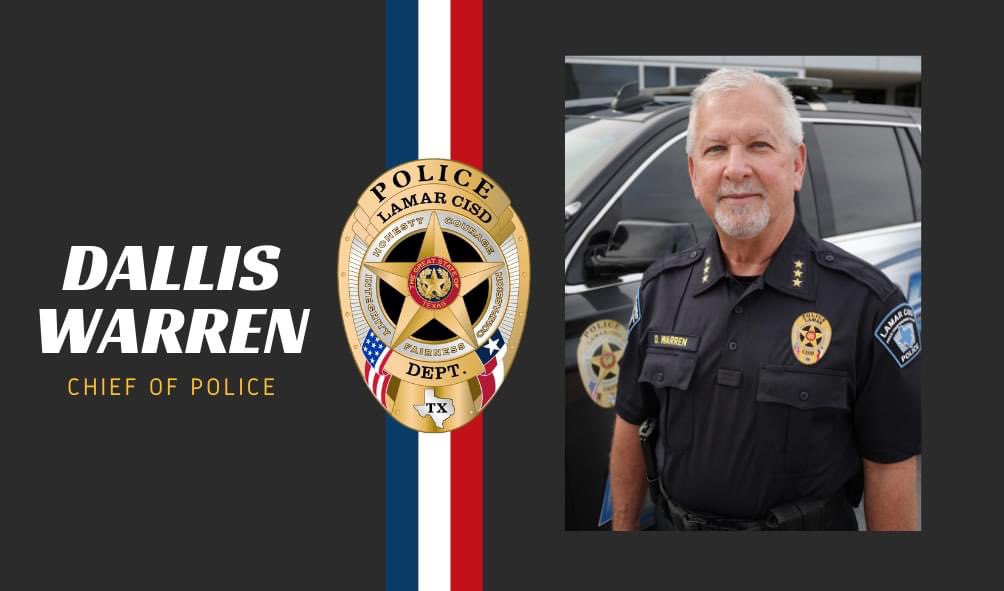 Meet the Chief! 🚨

With over 40 years in law enforcement under his belt, Chief Dallis Warren’s favorite thing about being a police officer is having the opportunity to serve his community daily. We are so thankful to have him leading the pack! #LamarCISDPD