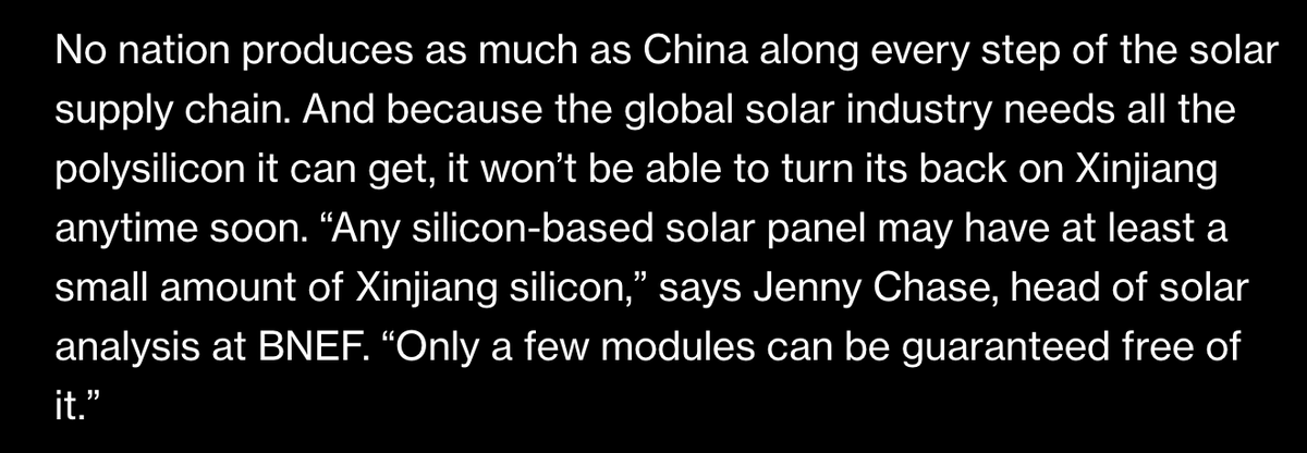 In the end, thanks to this strict regime of unknowing, you can't be sure if the solar panels on your roof have been made by the equivalent of modern-day slavery. To the contrary, the assumption should be that all panels are touched by Xinjiang.  https://www.bloomberg.com/graphics/2021-xinjiang-solar/