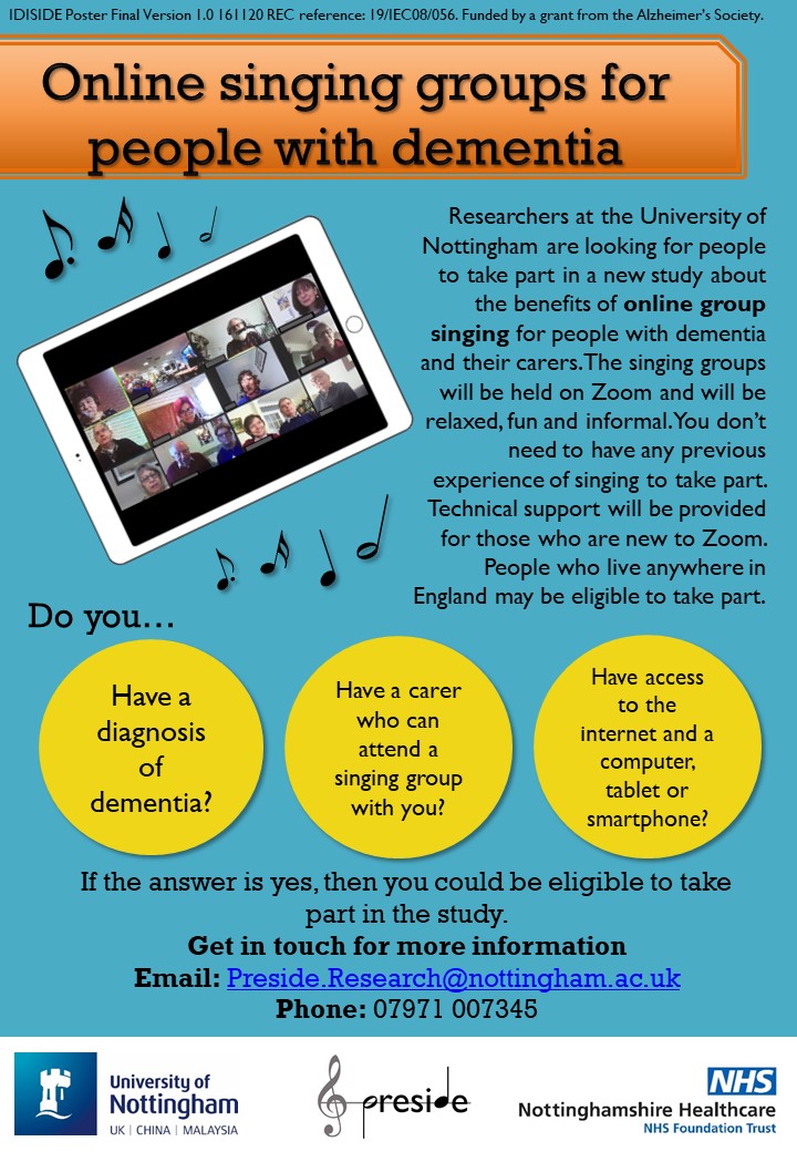 10 FREE ONLINE SINGING SESSIONS for taking part in valuable #dementiaresearch! <a href="/UniofNottingham/">Uni of Nottingham #WeAreUoN</a> are conducting an important study funded by <a href="/alzheimerssoc/">Alzheimer's Society</a> of #onlinesinging for #dementia. For people living with #dementia and #carers until 31 May. Click on flyer for details. 👇