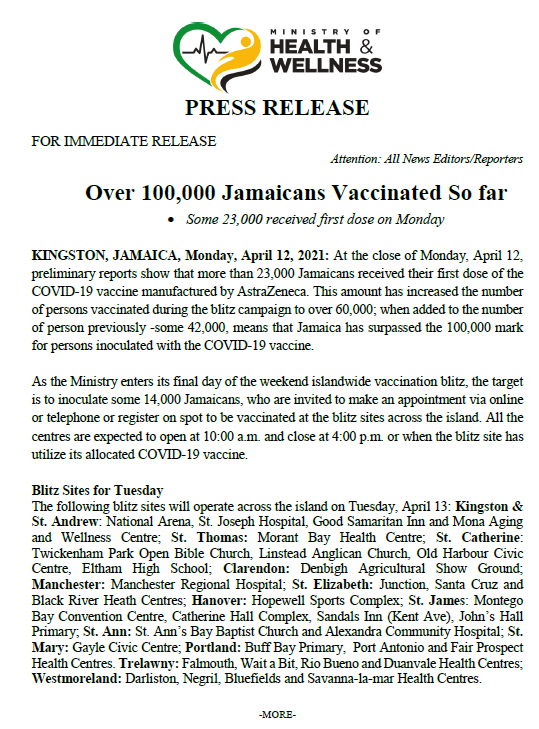 themohwgovjm's tweet photo. #VaxUpdate Jamaica has surpassed the 100,000 mark for persons inoculated with the COVID-19 vaccine, since the vaccination implementation programme started on March 10, 2021. #vaccinateja #GetVaccinated @christufton @julietcuthbert https://t.co/zODS4W3gHx