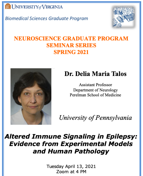 BIG_UVA (@big_center_uva) on Twitter photo Today 4/13 at 4 PM - Dr. Talos "Altered immune signaling in epilepsy: evidence from experimental mouse models and human pathology" <a href="/uvaneuro/">Neuroscience Graduate Program at UVA</a> Today 4/13 at 4 PM - Dr. Talos "Altered immune signaling in epilepsy: evidence from experimental mouse models and human pathology" <a href="/uvaneuro/">Neuroscience Graduate Program at UVA</a>