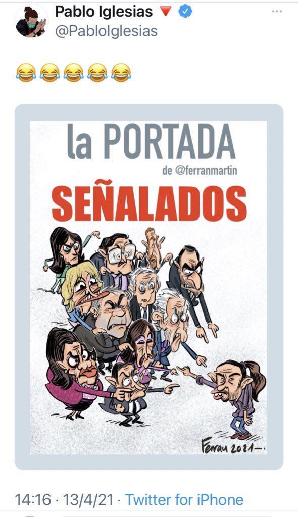 Tonicanto1's tweet photo. Pablo Iglesias se ríe mucho con esta portada.

En una democracia, son los periodistas los que señalan y fiscalizan a los políticos. 

En un régimen autoritario, son los políticos los que señalan y silencian a los periodistas.

Él es más de lo segundo. https://t.co/IM86rdK1CG