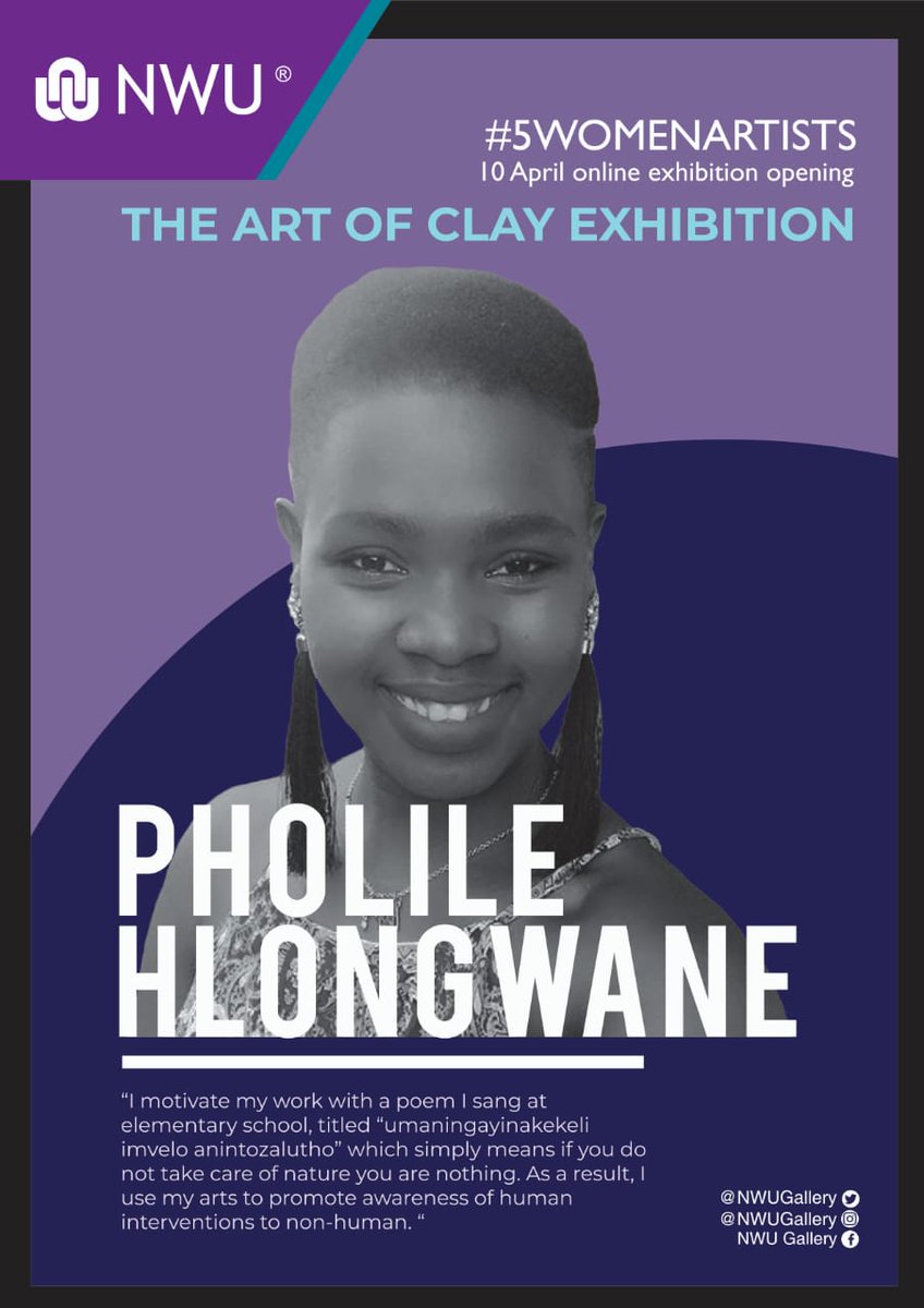 NWUGallery's tweet photo. We would like to introduce Pholile Hlongwane. She is part of the #5WomenArtists exhibition The Art of Clay.
View the virtual gallery space here:
https://t.co/fMSPMDSCaG
#PholileHlongwane #NWUWAY #NWUGallery #MyNWU #Sculpture #artexhibition #SouthAfricanart #femaleartists https://t.co/lJVfrYmswp