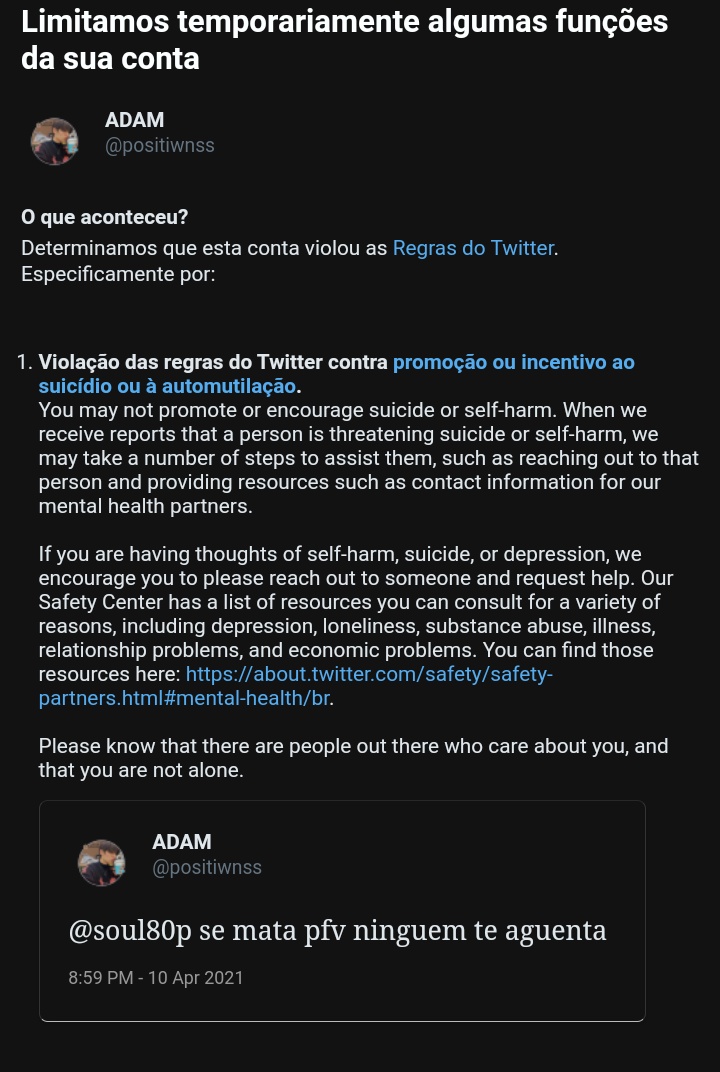 twitter me tombou por simplesmente mandar eu mesmo me matar   nunca estive tão puto com esse site vsf