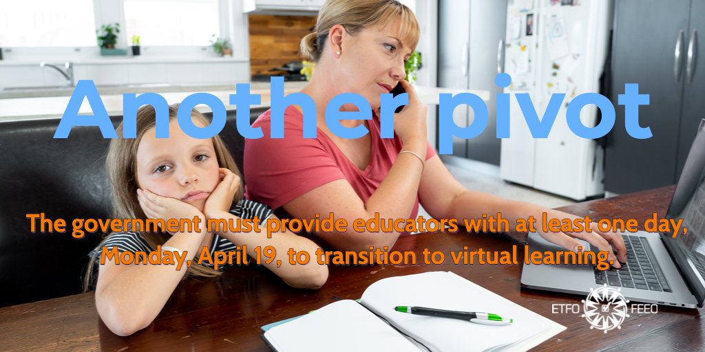 With another unexpected shift to virtual learning, the government needs to support educators to prepare! 

ETFO calls on the government to provide educators with at least one day, to adjust for the temporary transition to online learning.  #onted #onpoli