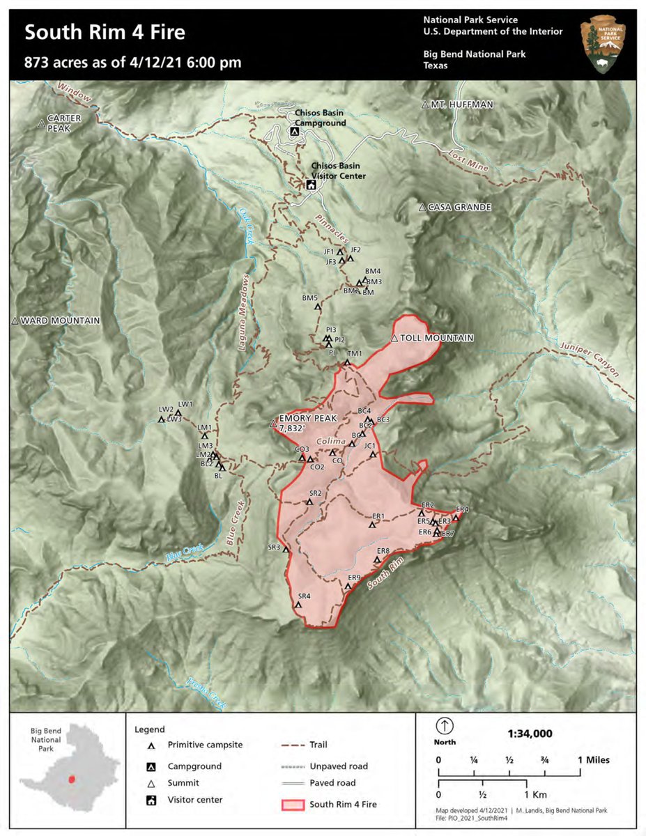 Big Bend Nps Latest South Rim Fire Map Current Size Is 873 Acres The Carson Hotshots Arrived Last Night And Will Scout And Work Along The Eastern Edge Of The
