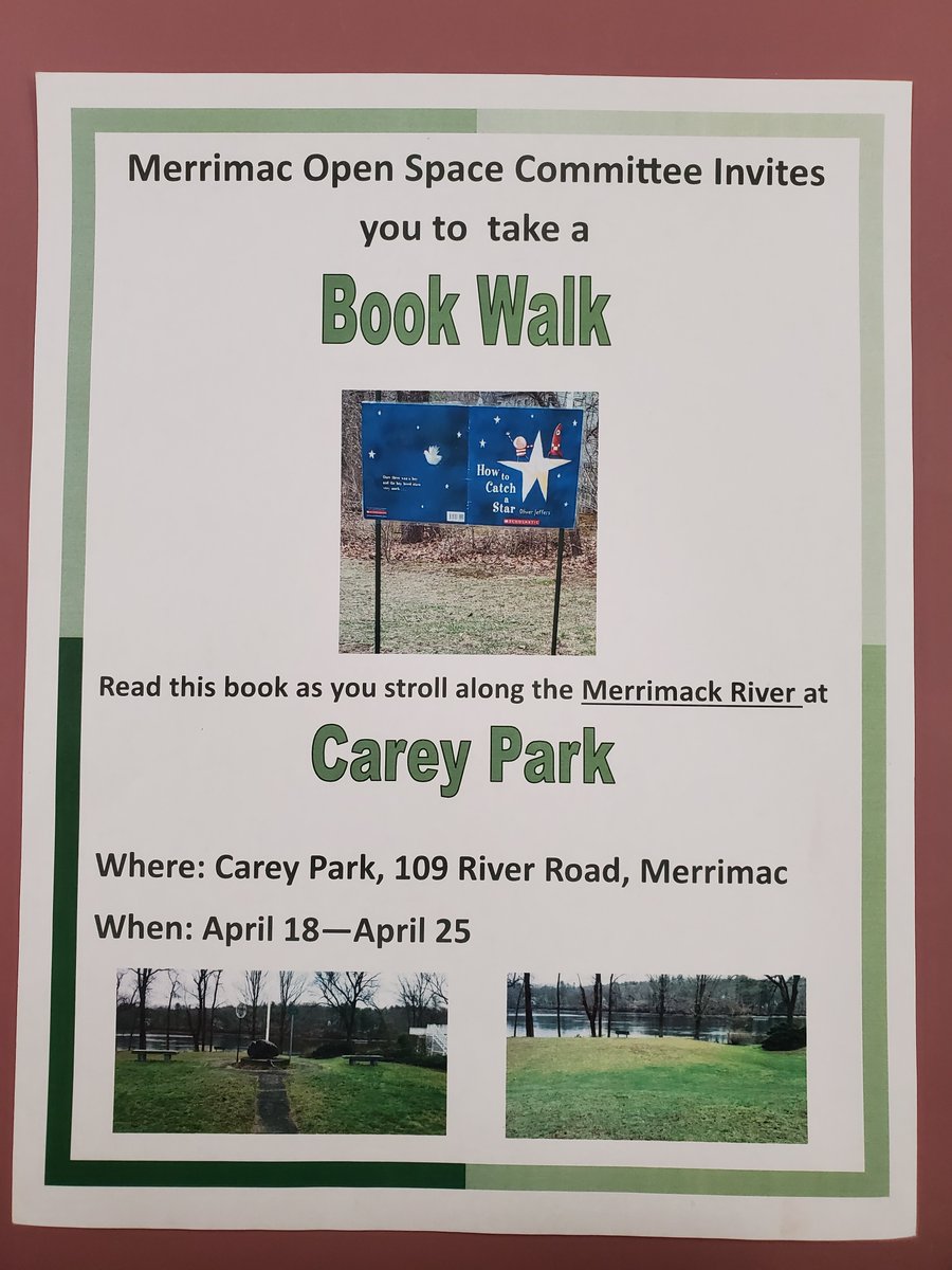 Looking for something different to do during school vacation 4/18-25?
Take a stroll along the Merrimack River as you read an abbreviated version of "How to Catch a Star" by Oliver Jeffers.  Hosted by the Open Space Committee 
For more information go to 
merrimac01860.info/212/Open-Space…