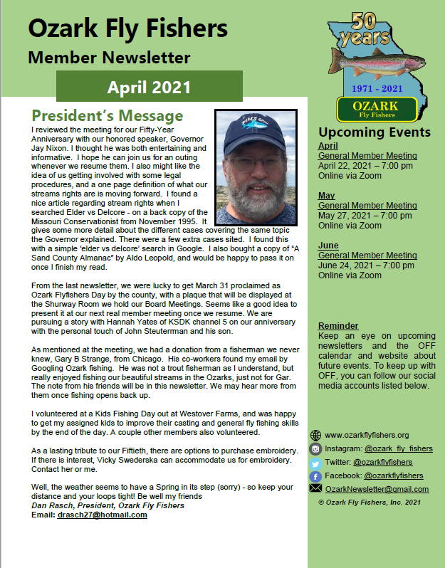 OzarkFlyFishers's tweet photo. Time for the April OFF Newsletter. This month's edition has a throwback to the Club's very first Fly of the Month - Tom Nixon's Point Fifty-Six Percenter.
https://t.co/gpI7MaqpCH https://t.co/kae3km2xWx