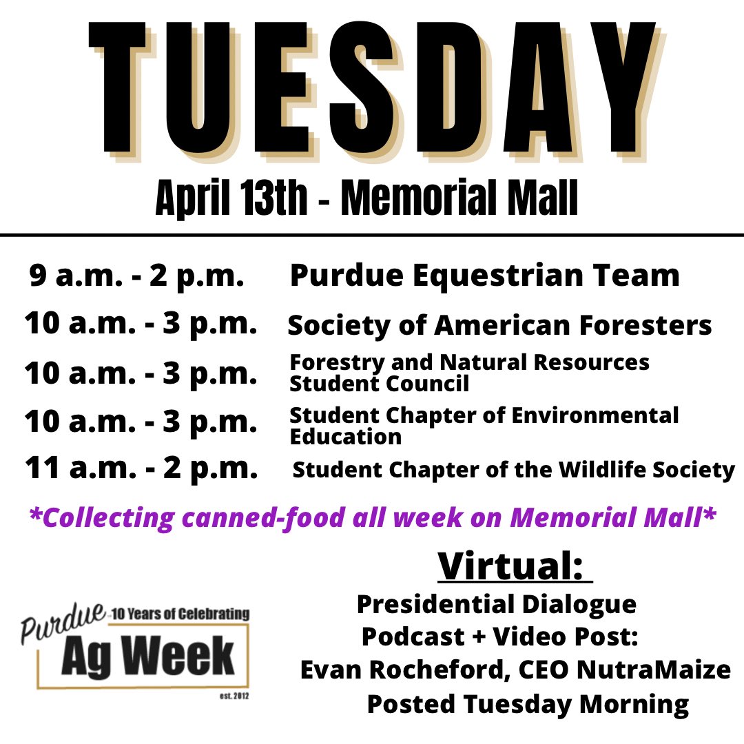 PurdueAgWeek's tweet photo. Good morning, Boilermakers and happy reading day. ๐ค Use your day off to come see whatโs happening on Memorial Mall for Tuesday of #AgWeek2021! ๐
Be sure to take our daily quiz to be entered in a drawing for a special edition promo pack!! ๐คฉ https://t.co/21mEjmVi3n https://t.co/16MeDSrGim