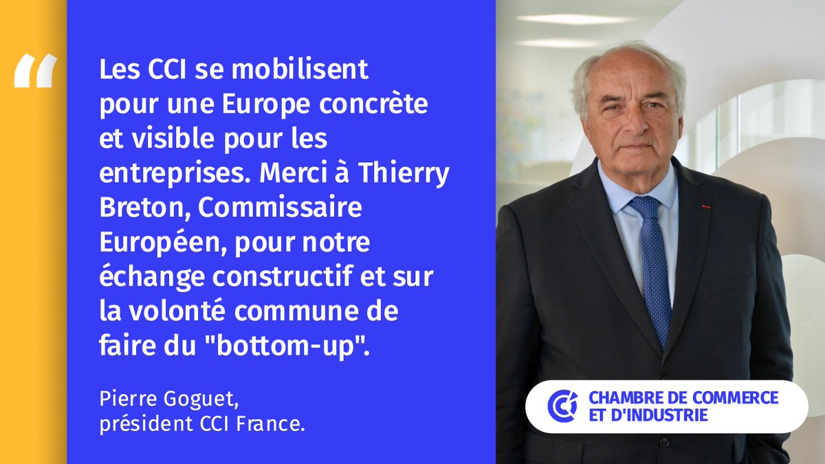 ccifrance's tweet photo. 🔵 Les #CCI se mobilisent pour une #Europe concrète et visible pour les #entreprises. Merci à @ThierryBreton pour notre échange. Les CCI, le réseau de proximité dans les #territoires 🇫🇷🇪🇺 @EUROCHAMBRES @GoguetPierre @Economie_Gouv https://t.co/GSZjTrgI6u