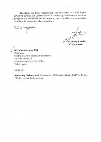 NidhiTanejaa's tweet photo. Delhi Commission for Protection of Child Rights (DCPCR) Chairperson @AnuragKunduAK writes to @cbseindia29, urging them to postpone #cbseboardexams2021  or consider different method for evaluating students with focus on #internalassessment https://t.co/LjNuldY5WR