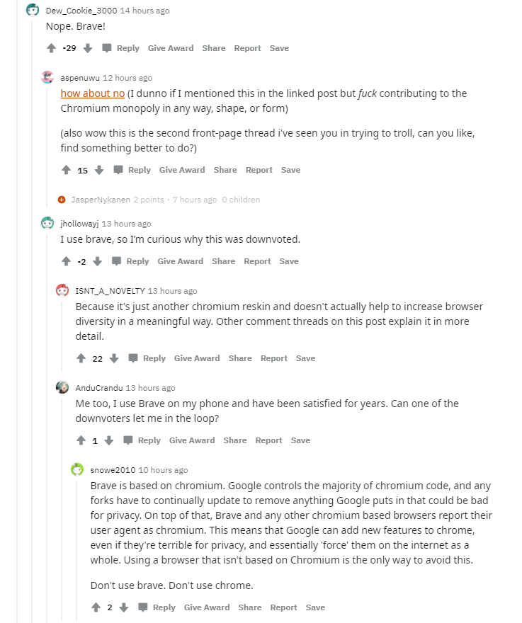 Interesting how much hate Brave got on FLoC discussion... One claiming "just another chromium reskin"... Thoughts <a href="/BrendanEich/">BrendanEich</a> <a href="/BraveSampson/">Sampson</a> ?