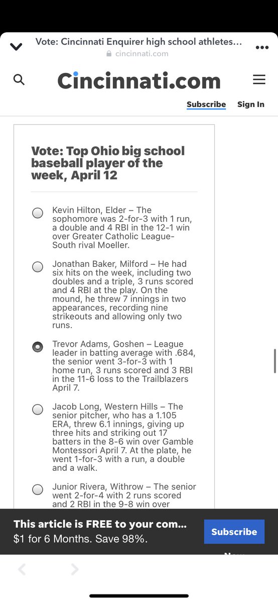 Alex Dick (@alex_dick_bsbl) on Twitter photo Go vote for <a href="/T_adams40/">Trevor Adams</a> athlete of the week Ohio big school <a href="/GHSvarsityBsbl/">Goshen Warriors Baseball</a> <a href="/Goshen_Athletic/">Goshen Warrior Athletics</a> congrats man keep up the good work Go vote for <a href="/T_adams40/">Trevor Adams</a> athlete of the week Ohio big school <a href="/GHSvarsityBsbl/">Goshen Warriors Baseball</a> <a href="/Goshen_Athletic/">Goshen Warrior Athletics</a> congrats man keep up the good work