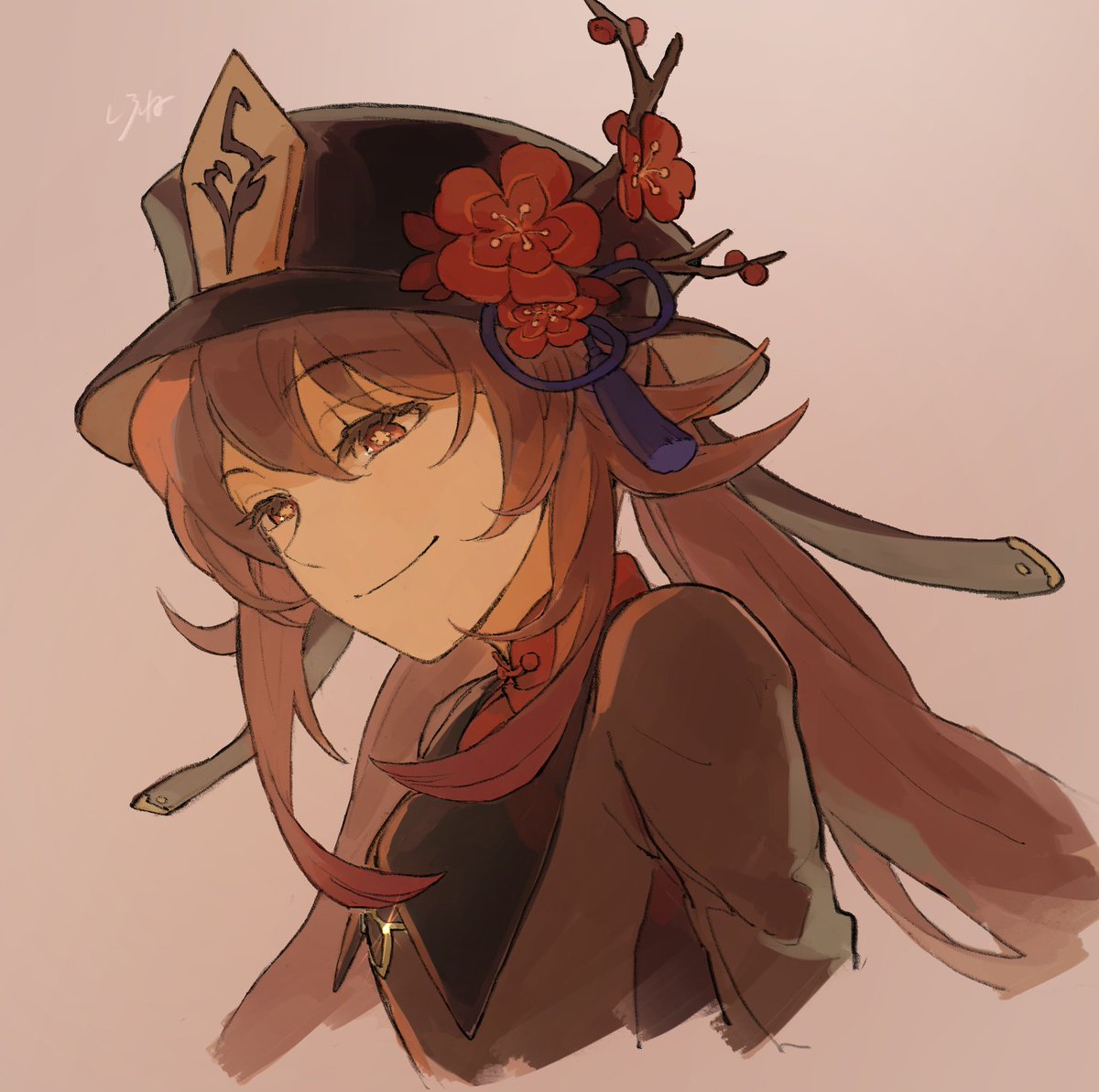 hu tao (genshin impact) 1girl solo flower hat brown hair smile symbol-shaped pupils  illustration images