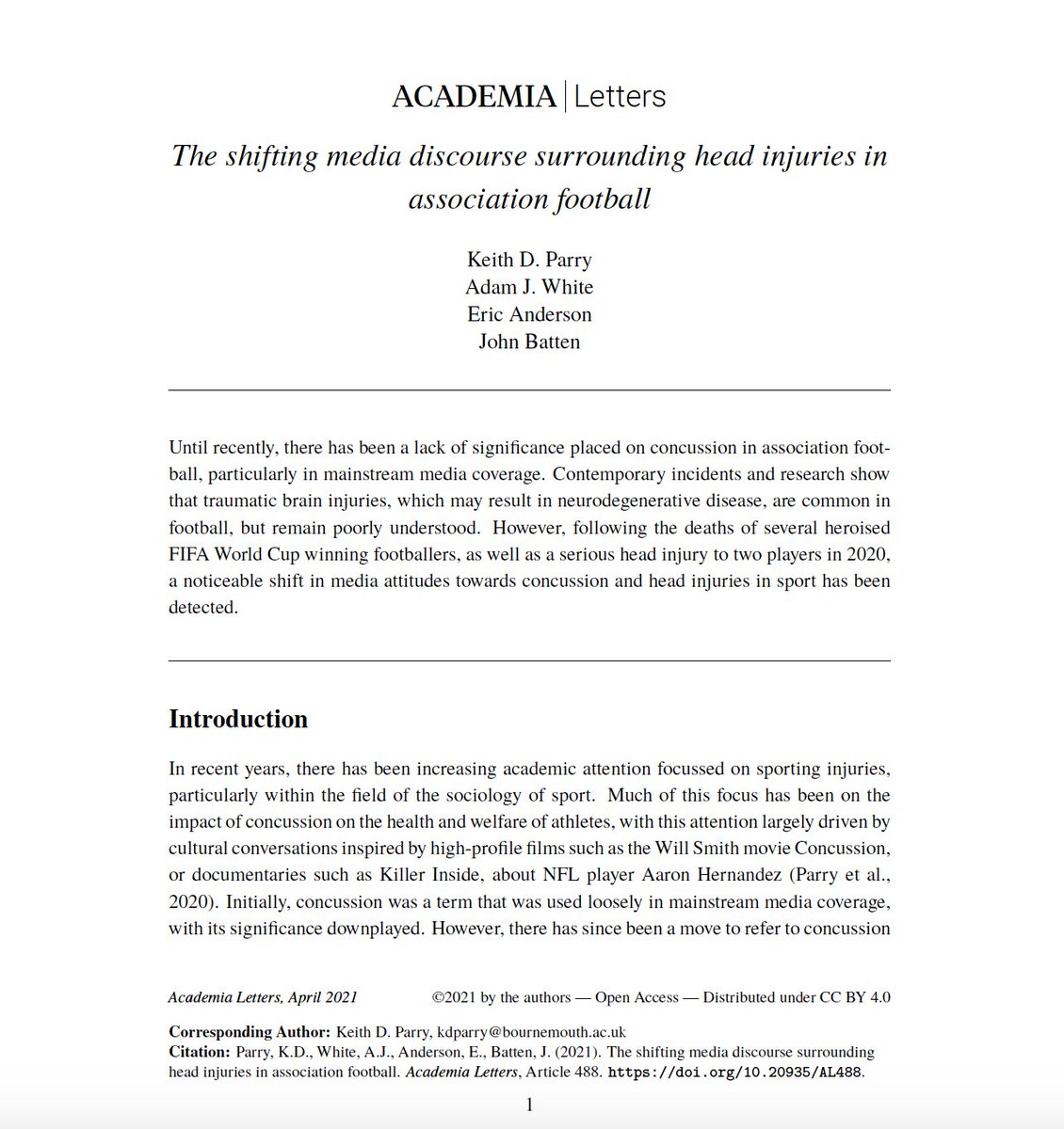 DrKeithParry's tweet photo. Finally, #concussion and #braininuries are being taken seriously in #football. Latest #OpenAccess article with @adamjohnwhite @WinchesterProf @JBatz85  ://www.academia.edu/46794451/The_shifting_media_discourse_surrounding_head_injuries_in_association_football via @academia https://t.co/ulTzKTHKxN