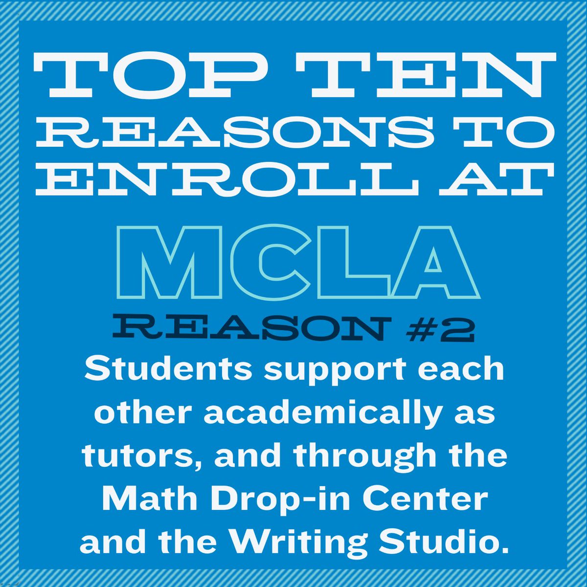 MCLA_Admission's tweet photo. Reason #2 to enroll at MCLA!
#TopTen #MCLA #MAKEITMCLA #MCLA2025 https://t.co/UzaBAlEwgB