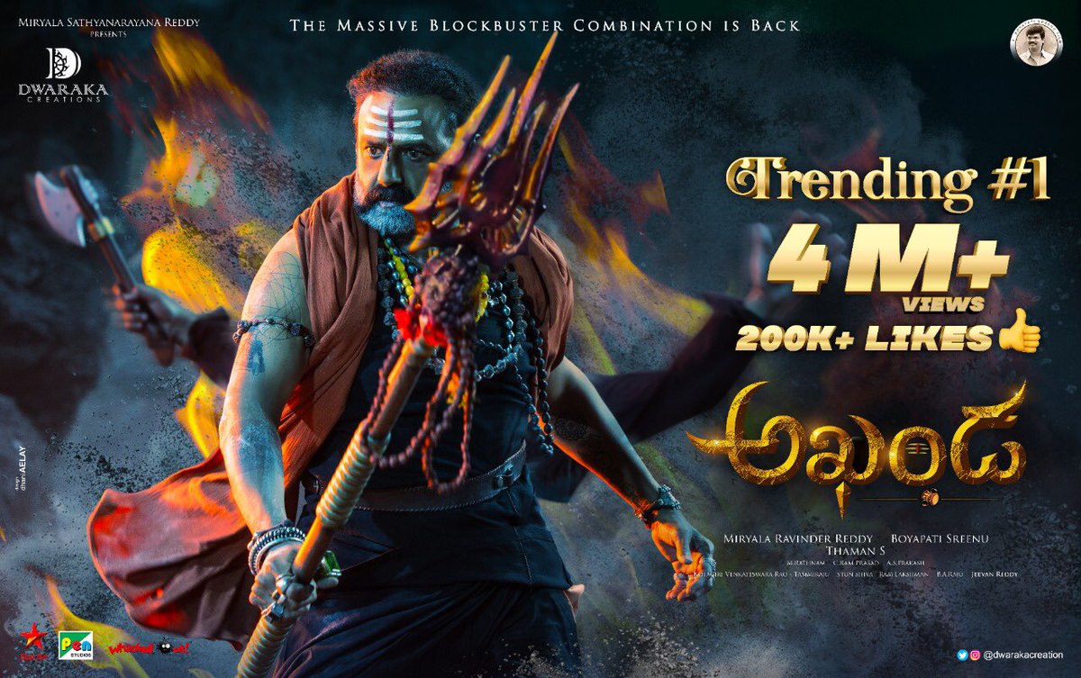 dwarakacreation's tweet photo. Trending 1️⃣🔥
4️⃣ Million+ Views 🔥
200K+ Likes 🔥

#Akhanda Roar continues ▶️ https://t.co/KYrviwj4dF

అఖండ!! 
#AkhandaOnMay28th 
#NandamuriBalakrishna #BoyapatiSrinu @ItsMePragya @actorsrikanth @MusicThaman #MiryalaRavinderReddy @dwarakacreation @WhackedOutMedia https://t.co/gt9L7RYnJu