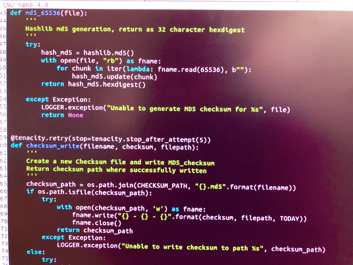 digitensions's tweet image. Excited to implement the first Python3 MD5 revised chunk size checksum script across the upgraded servers running Py3.8. Also excited to give #tenacity.retry() a go for function retries -set to stop after five attempts- super easy using decorators #LovePython