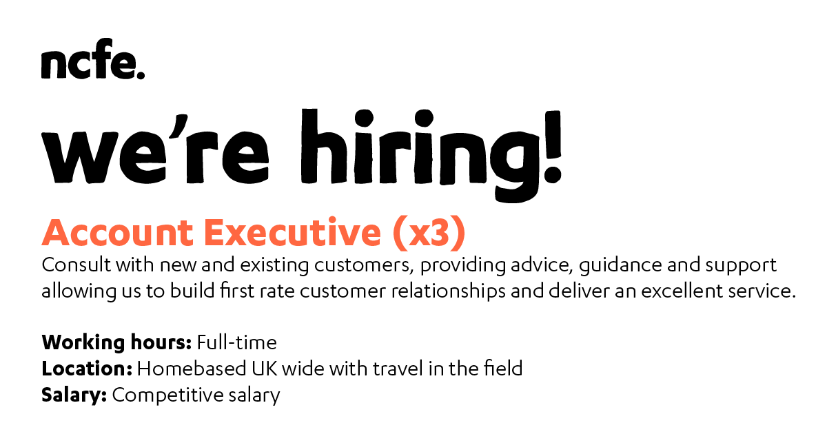 NCFE's tweet photo. Come and join our #dynamic and #ForwardThinking sales team at #NCFE in an exciting role with a competitive salary and great #benefits. We are looking for 3 people to join our team. Find out more here: https://t.co/2lu1VZ5uHa or tag someone who may be interested!

#Vacancy #Hiring https://t.co/QdkzhQu0Vi
