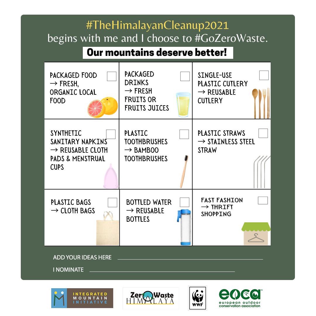 ZWH_Himalaya's tweet image. Here’s a chance to make some little lifestyle changes with big impact! 
#TheHimalayanCleanup 2021 presents to you #TheHimalayanCleanupBeginsWithMe challenge. Follow these 5 simple steps to join with friends, family and colleagues and #GoForZeroWaste 
Let us know in comments too!