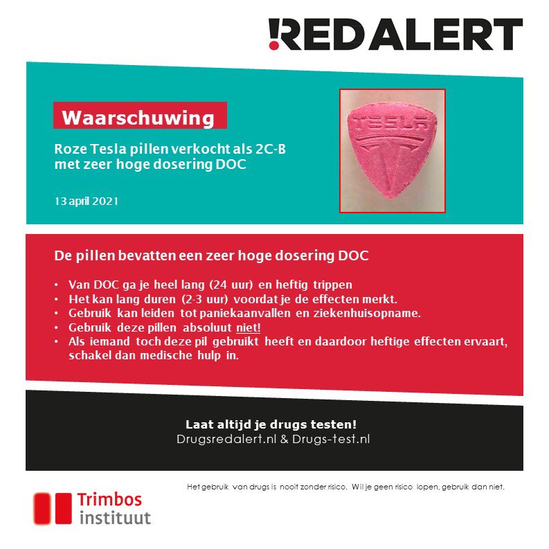 Waarschuwing! Roze Tesla pullen verkocht als 2C-B bevatten zeer hoge dosering DOC. #redalert #drugsalert #drugstesten drugs-test.nl