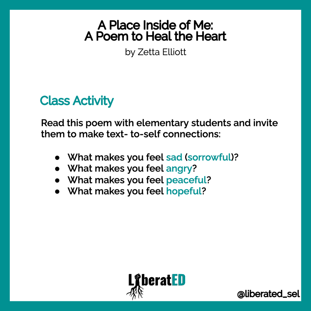LiberatED_SEL's tweet photo. "there is sorrow inside of me...anger inside of me...sharp enough to slice through air, flesh, bone, &amp; concrete."

Read Elliott's poem w/ elementary students. Guide them in exploring what makes them feel certain emotions.

#GetLiberatED #collectiveliberation #LiberatEDSEL https://t.co/vH3UkzoeiT