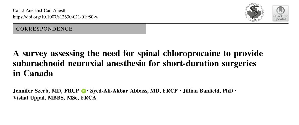 Dr. Vishal Uppal MBBS, FRCA 🇨🇦🇮🇳🏴 (@ropivacaine) on Twitter photo 🆕Canadian🇨🇦 survey recognizes the need for spinal chloroprocaine in Canada to provide
♦️Patient care options
♦️Patient satisfaction and safety
♦️Environmental benefit
♦️Avoid AGMP
link.springer.com/article/10.100…
🙏🏾@Dal_Anesthesia team <a href="/szerbj/">Jennifer Szerb</a> @jbbikes and Dr. Abbass <a href="/CJA_Journal/">CJA - Canadian Journal of Anesthesia</a> 🆕Canadian🇨🇦 survey recognizes the need for spinal chloroprocaine in Canada to provide
♦️Patient care options
♦️Patient satisfaction and safety
♦️Environmental benefit
♦️Avoid AGMP
link.springer.com/article/10.100…
🙏🏾@Dal_Anesthesia team <a href="/szerbj/">Jennifer Szerb</a> @jbbikes and Dr. Abbass <a href="/CJA_Journal/">CJA - Canadian Journal of Anesthesia</a>
