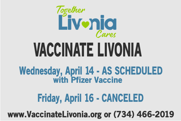 MiLivonia's tweet photo. Vaccinate Livonia appointments scheduled for Wednesday, April 14, will be continuing as scheduled, with the Pfizer vaccine. Appointments scheduled for Friday, April 16, are canceled due to supply shortages created by the Johnson &amp; Johnson vaccine pause.
https://t.co/juzGeLruwa https://t.co/nYEQ0T6Ko2
