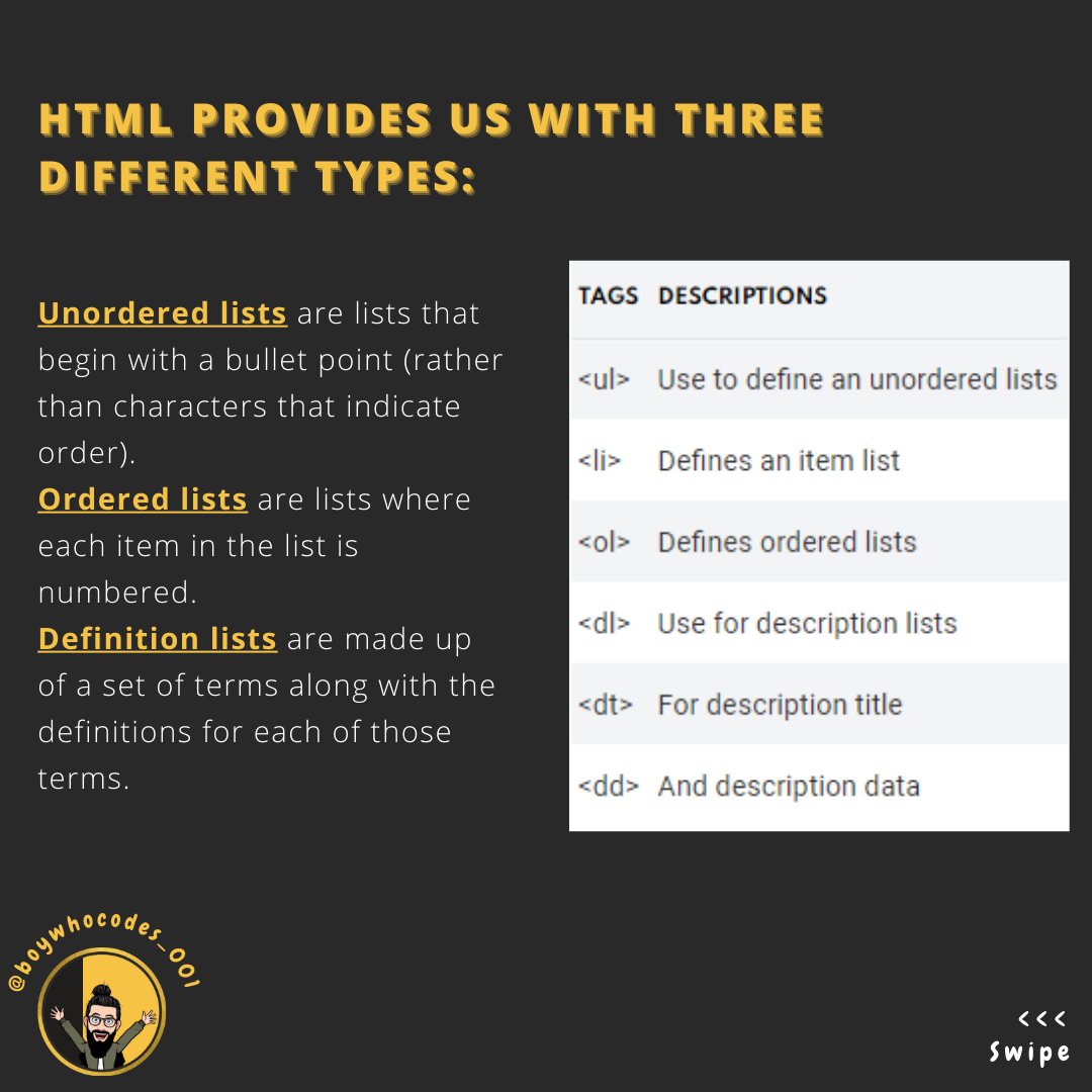 0xmaggi_sol's tweet image. 3. Now we are moving towards HTML lists. There are a lot of occasions when we need to use lists.
.
SHOW THIS THREAD - 1/2
.
#html #html_css #htmlcssjs #programming #developer #100daysofcode #css #html #html5 #htmlcoding #htmlcss #css3 #webdev #Frontend #peoplewhocode