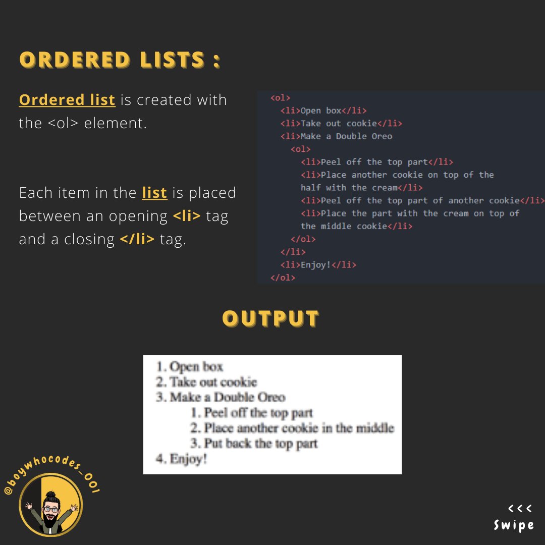 0xmaggi_sol's tweet image. 3. Now we are moving towards HTML lists. There are a lot of occasions when we need to use lists.
.
SHOW THIS THREAD - 1/2
.
#html #html_css #htmlcssjs #programming #developer #100daysofcode #css #html #html5 #htmlcoding #htmlcss #css3 #webdev #Frontend #peoplewhocode
