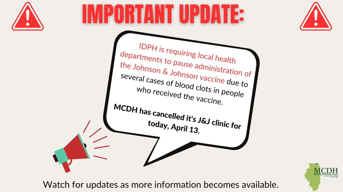 MCDH to pause use of J&amp;J over concern of severe blood clots. Read the full news release: mchenrycountyil.gov/Home/Component…