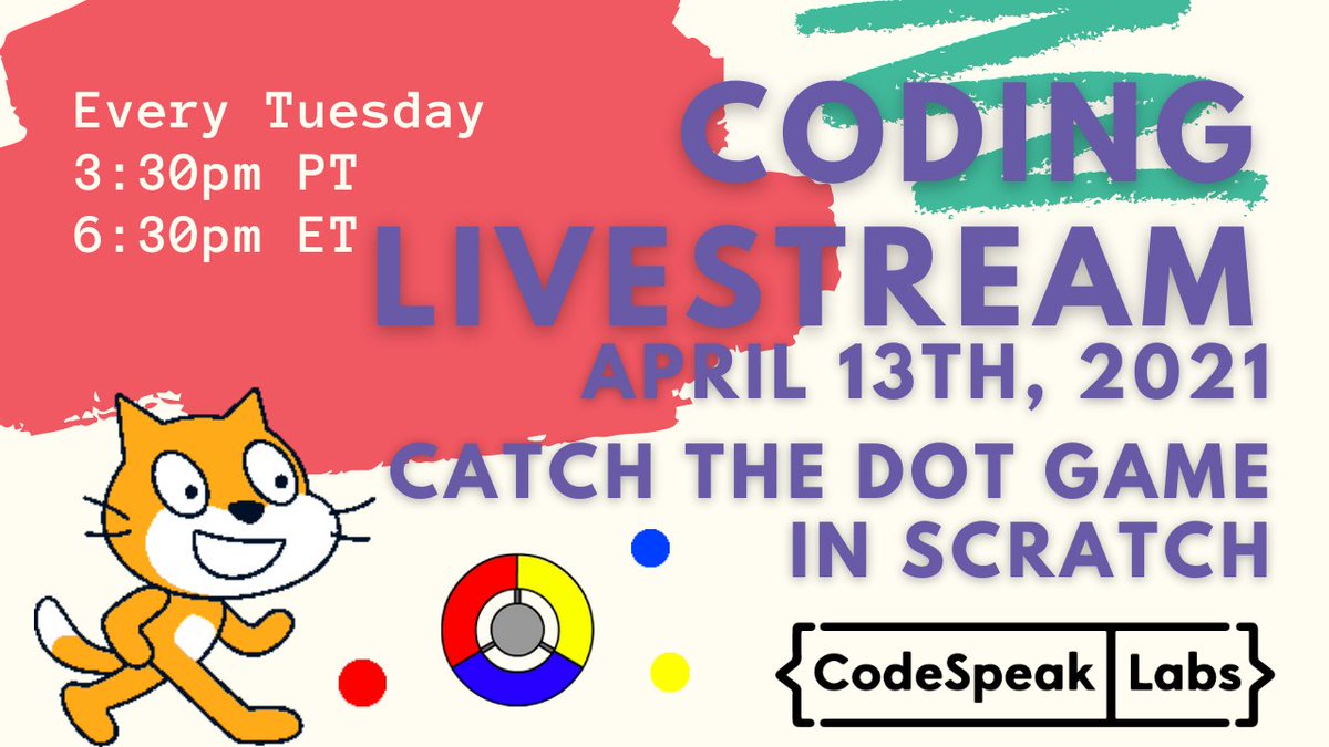 codespeaklabs's tweet image. In today&apos;s live stream, we&apos;ll learn how to make our own sprites, and control them to turn and move. The goal of the game is to catch the dots! To join, check out our YouTube page TODAY: youtube.com/codespeaklabs​ 
At the end of the livestream, we&apos;ll play a Kahoot game!