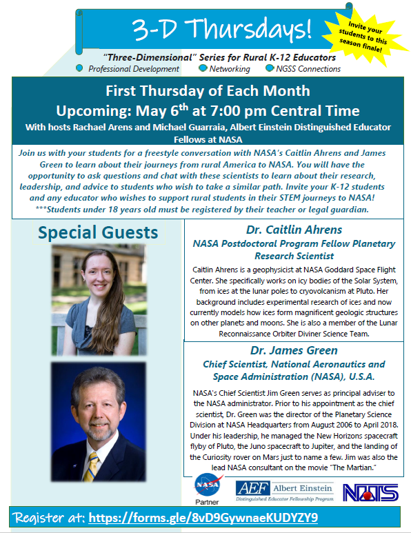 ArensRachael's tweet photo. Educators! Sign up for our last 3D Thursday on May 6th 7pm CT to chat with legendary NASA scientists Dr. Caitlin Ahrens &amp; Dr. Games Green to learn about their journeys from rural America to careers at NASA! Register: https://t.co/j7fAjvGGJz
@AEF_Program #Einsteinfellows20 @NASA https://t.co/E7mM4HRhsu