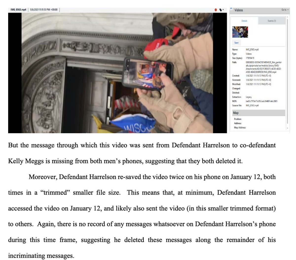 As I said earlier (about a different defendant), DOJ really isn't charging obstruction when they could. Harrelson testified under oath he hadn't taken any video inside the Capitol. Forensics from his phone show he sent and resaved one particular video several times.