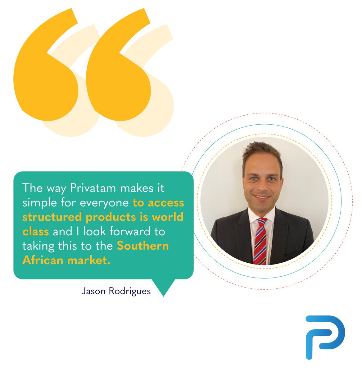 privatam's tweet photo. The #PrivaTeam is growing! 🚀

We are glad to welcome Jason Rodrigues who is joining us as Sales Director to take our global activity to the Southern African market 🌍

Welcome onboard Jason!

#MeetOurTeam #WealthTech #StructuredProducts #HybridModel #InvestmentSolutions #Growth https://t.co/Panh9dMQJ5