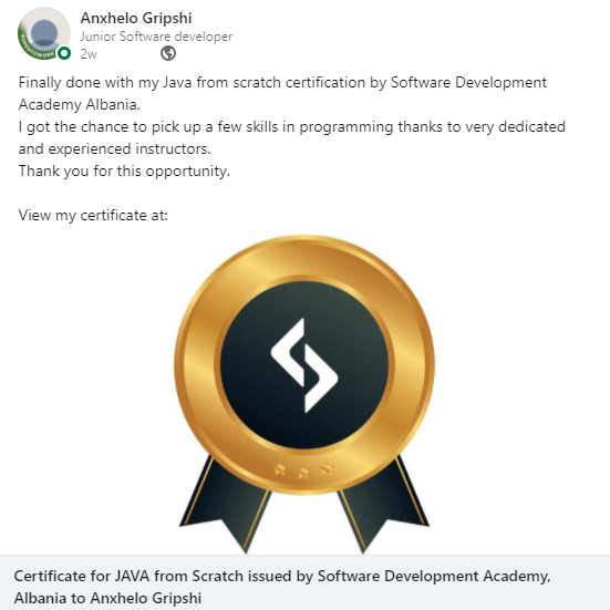 The_AADF's tweet photo. Now, they will speak to the world 🌍 in JAVA! 💻

After a journey of 8️⃣ months of challenges and new knowledge, they have finally made it! More than 2️⃣0️⃣ students are now certified as junior programmers from  SDA Albania by Protik!

Congratulations on your future endeavours! https://t.co/ZEJnk2Ue6N