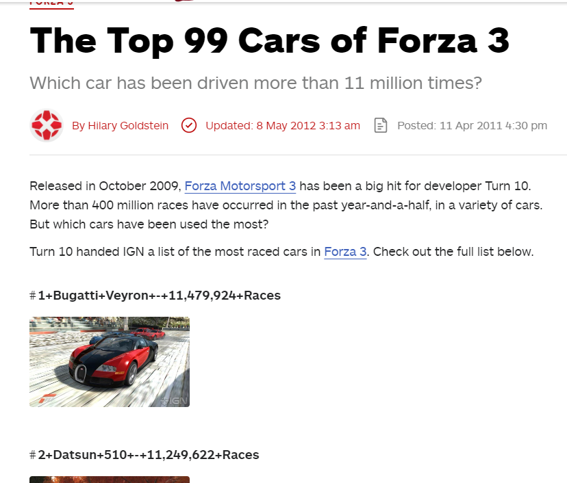 manteomax's tweet photo. #ForzaFlashback 10 years ago this week: community stats for the 99 most-driven cars in #Forza3 since the game had been released a year and half earlier. Courtesy @IGN
https://t.co/e5SKkM3IwR https://t.co/UarHd1Ih9N