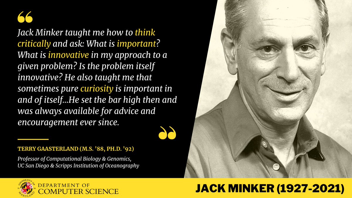 UMD Department of Computer Science (@umdcs) on Twitter photo Alumna Terry Gaasterland <a href="/terrygaaster/">Terry Gaasterland</a> pays tribute to her Ph.D. advisor, Jack Minker (1927-2021). Alumna Terry Gaasterland <a href="/terrygaaster/">Terry Gaasterland</a> pays tribute to her Ph.D. advisor, Jack Minker (1927-2021).