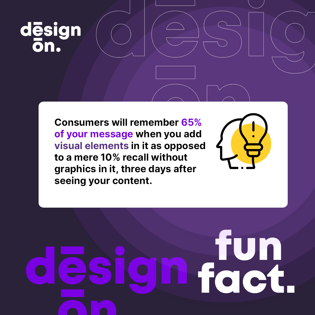 DesignOnio's tweet photo. "Consumers will remember 65% of your message when you add visual elements".
That's proof of how Graphic Design plays such an important role in all successful businesses. Improve your branding with our unlimited graphic design service - budget-friendly and effective solution. https://t.co/fnex8ottDY