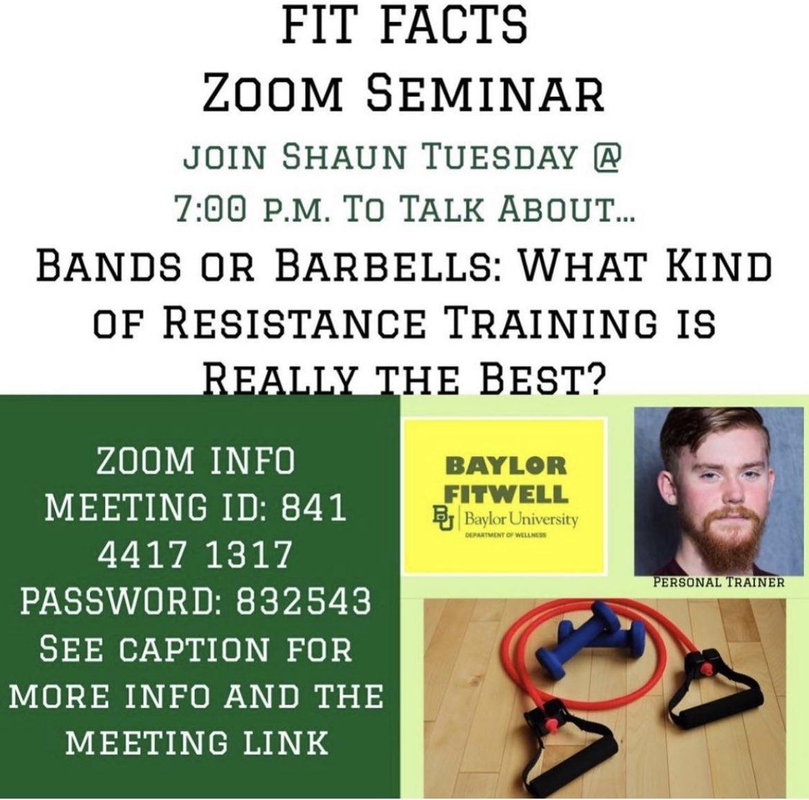Bands or Barbells: What Kind of Resistance Training is Really the Best?        
This presentation will explore the pros and cons of different forms/styles of resistance training. Check out our instagram for more information regarding this presentation and for the zoom link!