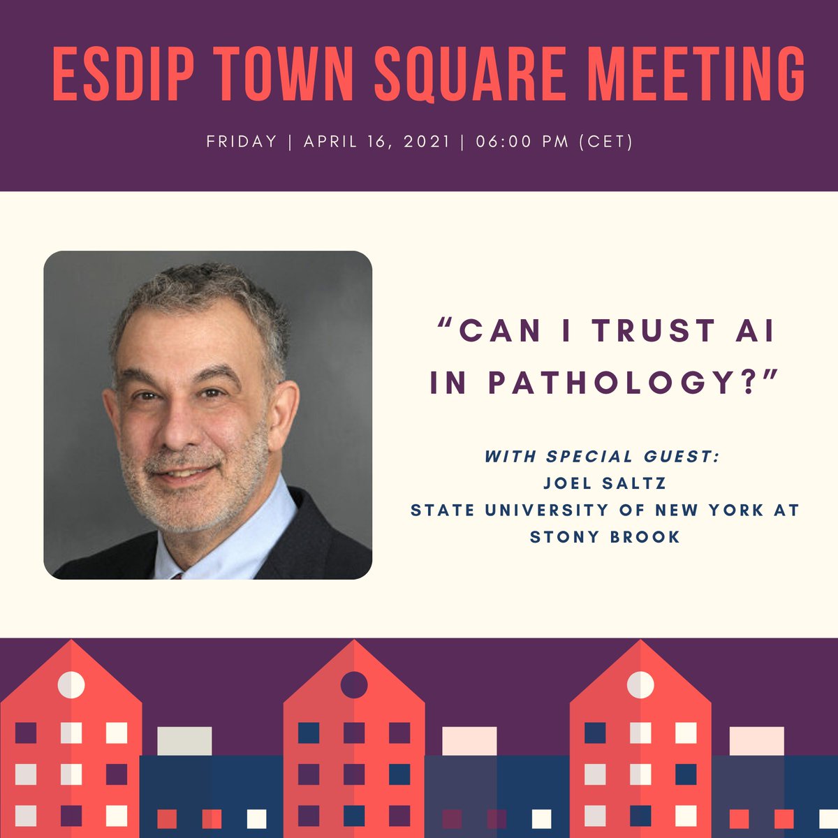 ESDIPatho's tweet photo. 📢 Do not forget ! This friday (at 6:00 pm CET) the Town Square Meeting: “Can I trust AI in Pathology?" with a special guest: @DrJoelSaltz from @StonyBrookMed
To attend: admin@digitalpathologysociety.org
#digitalpathology #artificialintelligence
#virtualmicroscope https://t.co/c854UkH8MY
