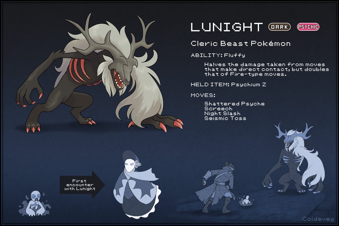 Coldevey's tweet image. Entry for a design challenge over in @arvalis' Discord server; the prompt's to turn a pop culture character into a Pokémon, and I ran with the Cleric Beast from #Bloodborne.

WIPs and higher res sketches over here: artstation.com/artwork/g2nE0Q