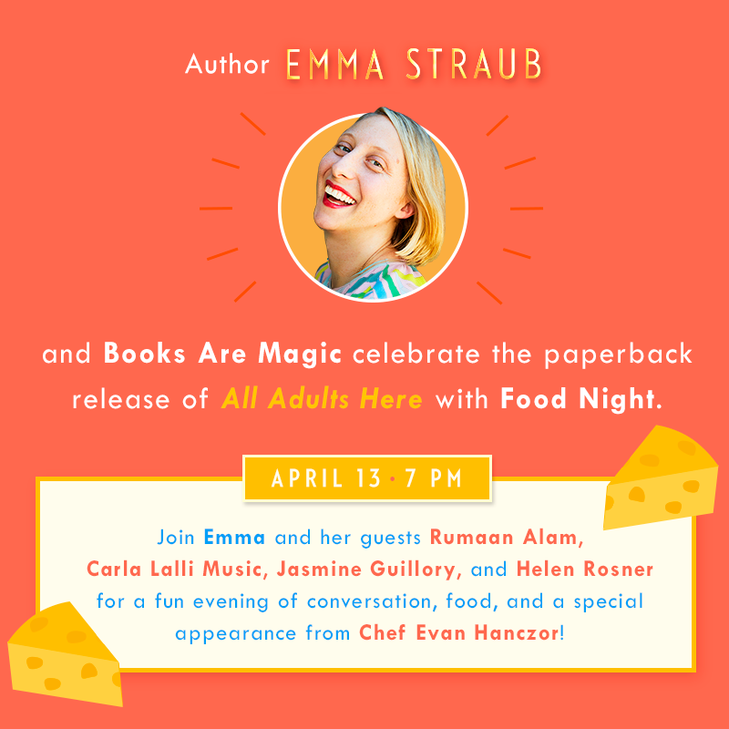 Join <a href="/emmastraub/">Emma Straub</a> and <a href="/booksaremagicbk/">Books Are Magic</a> TONIGHT to celebrate ALL ADULTS HERE now in paperback! 😍eventbrite.com/e/emma-straub-…