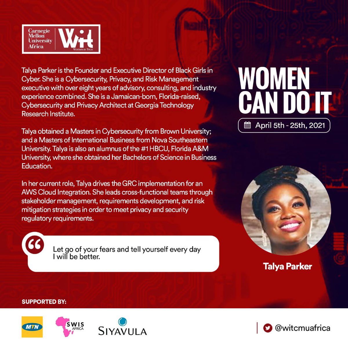 Tech Woman Spotlight: Talya Parker

Talya Parker is the Founder and Executive Director of Black Girls in Cyber. She is a Cybersecurity, Privacy, and Risk Management executive with over eight years of advisory, consulting, and industry experience combined.