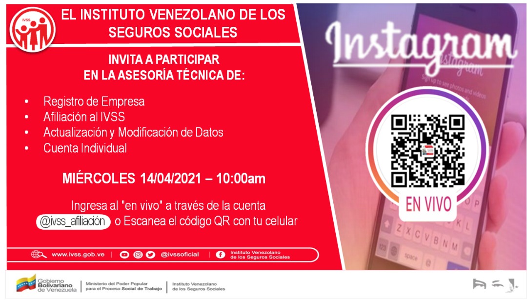 El #IVSS te Invita a Participar en las Asesoría Técnicas de: #RegristroDeEmpresa #AfiliaciónIvss #ActualizaciónYModificaiónDeDatos #CuentaIndividual Este Miércoles #14Abr a las 10:00 Am. #SomosGarantíaDeSeguridadSocial #VictoriaPopularRebelde @MagaGutierrezV @NicolasMaduro